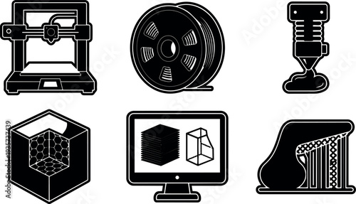 Flat design 3d printing icon set showing printer spool nozzle filament cube mesh model monitor display stack of sheets angled