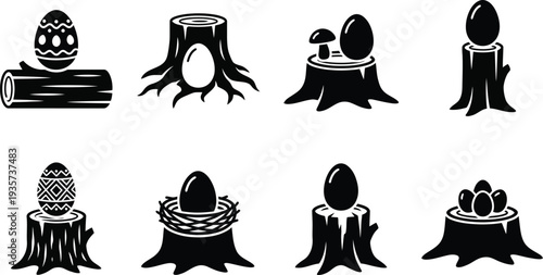 Collection of decorative eggs on tree stumps, showcasing unique designs and natural elements