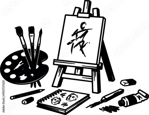 Ink brush line art easel with palette brushes sketchbook and paint tube on white background close up angled view composition