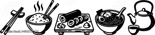 Minimalist japanese food icons close up chopsticks steaming rice bowl sushi platter ramen bowl teapot flat vector art black white