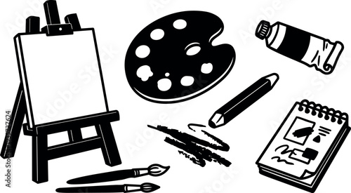 Line art vector composition showing easel palette paint tube brushes pencil and spiral sketchbook with ink strokes flat minimalist layout
