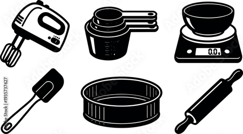 Flat design close up baking tool icon set with mixer measuring cups scale spatula cake pan and rolling pin monochrome