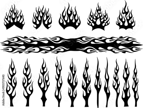 set of vintage flames tattoo design, fire template design.