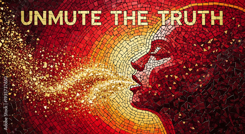 Human Profile with Muted Lips in Mosaic Art Style with Vibrant Red and Gold Colors in Abstract Texture for Social Media Campaign