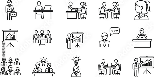 Business meeting and teamwork line icons collection with presentation discussion office workers and corporate management vector illustration set