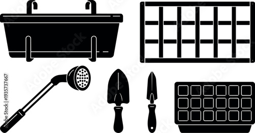 Flat design overhead view garden tool set with planter trellis watering wand two hand trowels seedling tray silhouette close up
