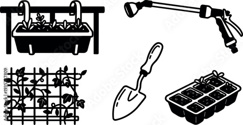 Line art close up gardening icons set with railing planter watering nozzle trowel seed tray climbing trellis black white silhouette