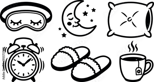 Line art sleep icons set with eye mask moon pillow alarm clock slippers and steaming tea in simple layout vector