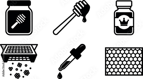 Flat design close up honey icons set showing jar honey dipper dropper sieve and honeycomb grid in simple black vector