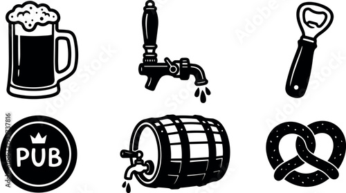 Flat line art beer pub icons set close up beer mug tap barrel pretzel bottle opener pub sign monochrome simple