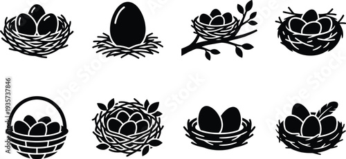 Collection of decorative nest and egg icons in various styles for Easter and nature themes