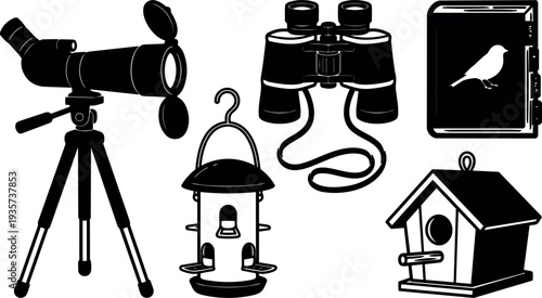 Flat design birdwatching icon set telescope and tripod binoculars bird book hanging feeder and wooden birdhouse side view silhouette collection