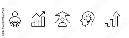 Success and growth web icons inline style. Handshake, growth profit, innovation, increase sale, coaching, progress, strategy, achievement, collection. Vector illustration.