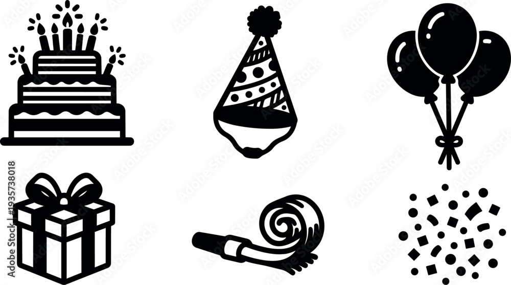 Fototapeta premium Flat icon party set with layered birthday cake party hat balloons gift blower and confetti isolated on white background playful