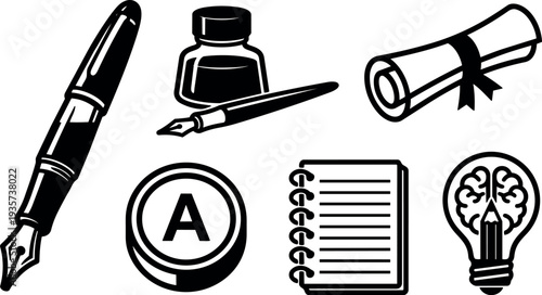 Minimalist line art vector icon set fountain pen ink bottle diploma notebook light bulb brain concept flat design office education