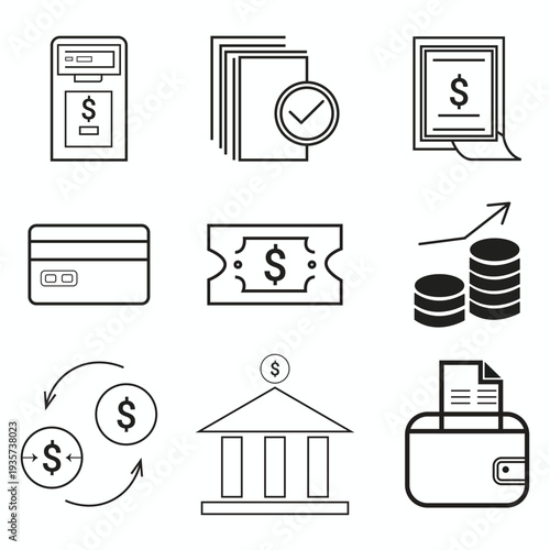Set of Minimalist Financial and Banking Line Icons for Business, Currency Exchange, and Digital Payments