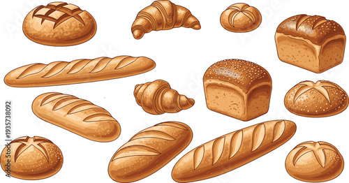 Assorted Freshly Baked Bread and Pastry Illustrations