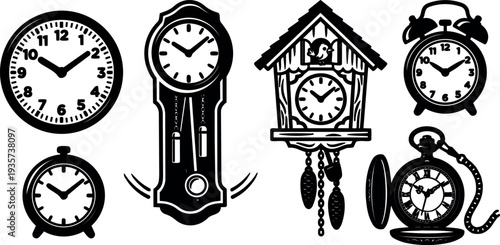Line art vintage clock collection wall clock cuckoo clock pocket watch alarm clock and grandfather clock silhouettes mantle clock timepieces