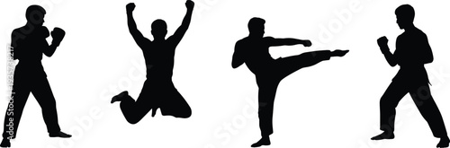 Martial arts silhouettes, dynamic fighting stances, high kick action, jumping celebration pose, strength discipline, combat training, fitness, sports energy, agility