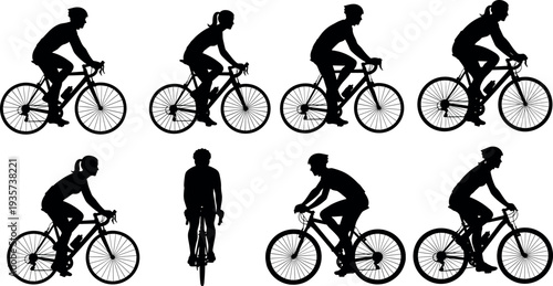 Cyclist silhouette collection with road bicycle riders in different cycling poses, sport biking athletes vector set isolated for fitness, transportation and outdoor activity design