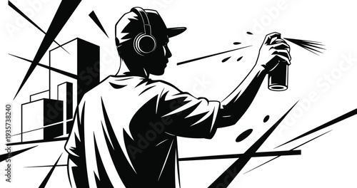 Urban graffiti artist spraying paint, street art creator with aerosol can isolated on white background modern illustration