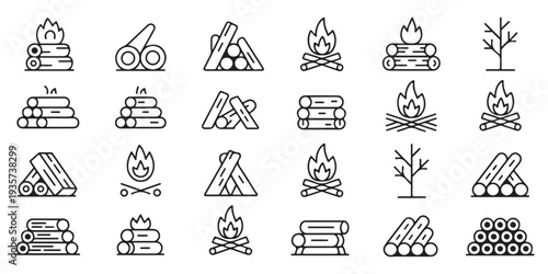 Collection of various campfire and wood pile illustrations and stylized fire symbols for camping