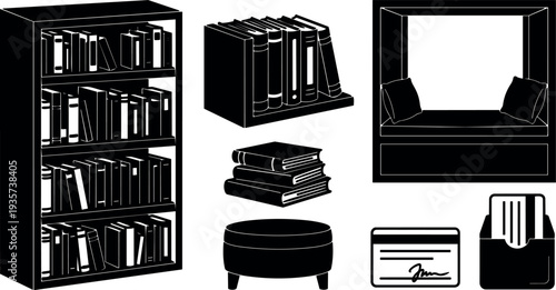 Flat design library bookshelf and window reading nook with stacked books ottoman card file box isolated vector silhouettes shelf icons