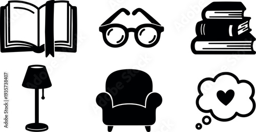 Flat design cozy reading icons set open book with bookmark glasses stack of books floor lamp arm chair heart thought bubble