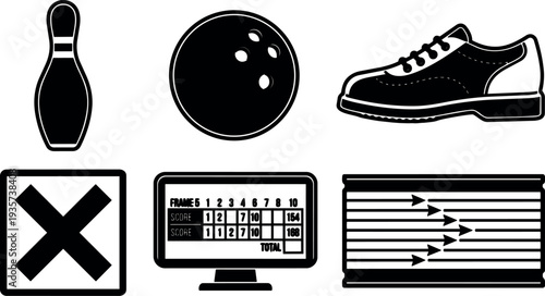 Flat design bowling icon set showing pin ball shoe scoreboard lane monitor and wrong mark in bold black silhouette style