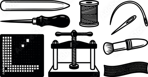 Line art vector top view bookbinding tools with hand press awl bone folder needle thread and brush close up illustration