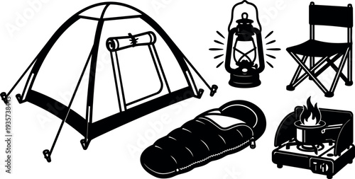 Minimalist vector camping gear composition tent sleeping bag lantern folding chair portable stove campfire silhouette flat design camping scene outdoor