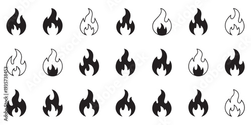Variety of fire flame icons in solid fill and outline styles for representing heat and energy