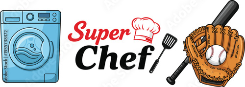 Modern Blue Front Load Washing Machine with Super Chef Logo Typography and Baseball Glove Bat and Ball Sports Equipment Vector Illustration Collection