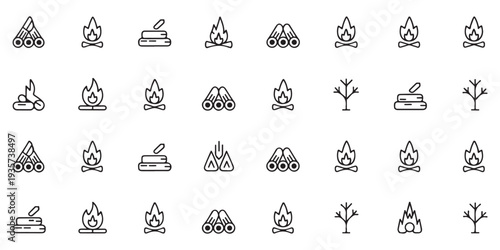 Set of campfire and wood pile icons with simple campfire and dried trees for outdoor activities