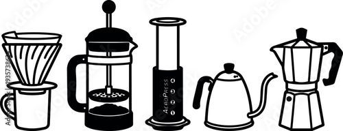 Minimalist line art close up coffee brewing set with pour over french press aeropress gooseneck kettle and moka pot illustration