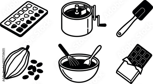 Line art kitchen icons chocolate making tools mold grinder spatula whisk mixing bowl cocoa beans chocolate bar set vector monochrome