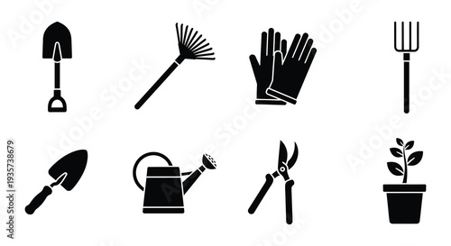 Gardening tools and a small plant in black silhouette style