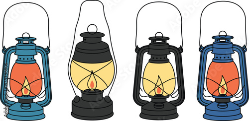 Vintage kerosene lantern collection illustration with classic oil lamps, camping and emergency lighting equipment isolated on white background
