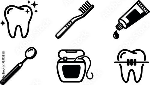Flat line art dental icons set top view tooth toothbrush toothpaste mirror floss braces clean oral care symbols vector collection