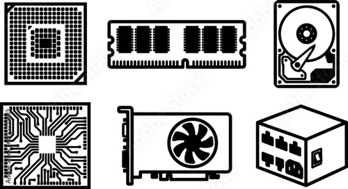 Line art top view collection of computer hardware icons cpu ram hard drive graphics card power supply in flat style