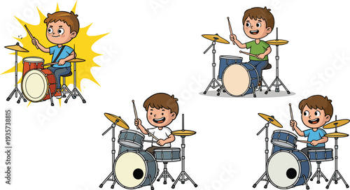 Happy cartoon kids playing drum sets with drumsticks, musical instruments performance, children music band activity, fun drummer vector illustration design.