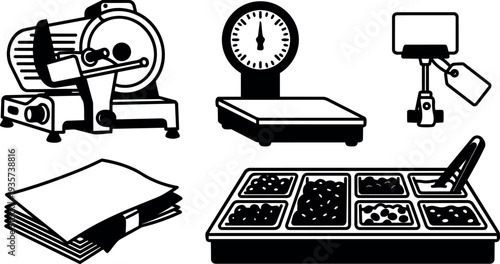 Minimalist icon set of deli slicer scale price tag paper condiment tray close up vector food service equipment black outline