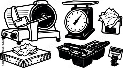 Line art close up deli meat slicer scale napkin stack condiment trays with tongs and price tag in store counter