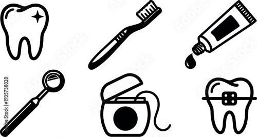 Line art dental icon set toothbrush toothpaste floss mirror tooth with braces and sparkling tooth black vector icons minimal isolated