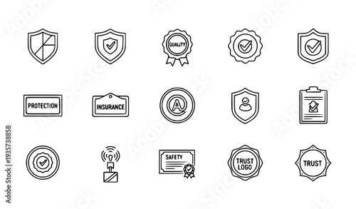 Protect Shield Badge and Security Outline Icons