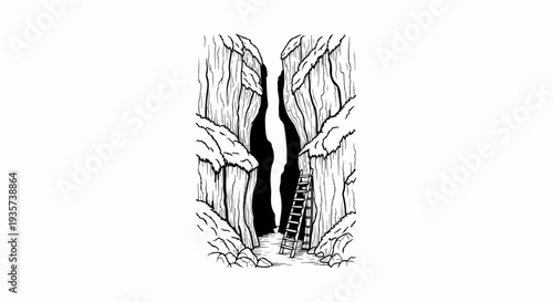 A rugged canyon opening reveals a dark passage with a ladder