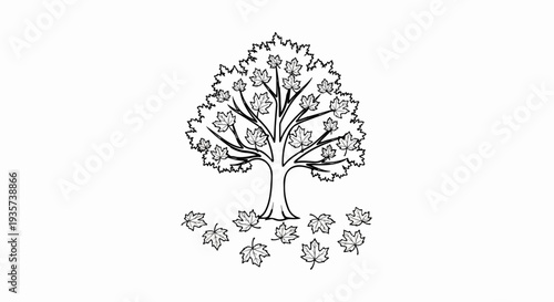A stylized drawing of a deciduous tree with leaves scattered on the ground