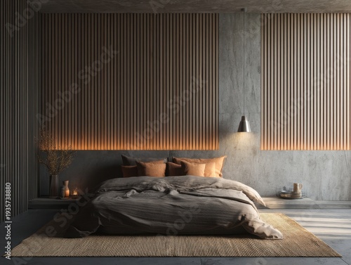 Minimalist bedroom with warm ambient lighting. Wooden panels line the walls for a cozy vibe. Soft bedding rests on a textured rug beneath. Subtle candlelight enhances the tranquil atmosphere