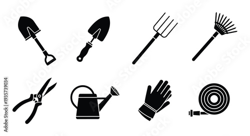 Gardening tools and a small plant in black silhouette style