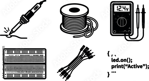 Minimalist icon set soldering iron spool multimeter breadboard jumper wires and code snippets flat vector technical tools workspace electronic repair